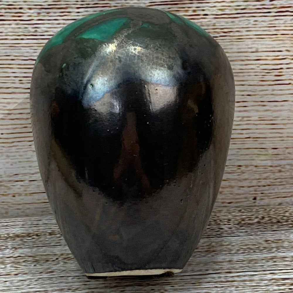 Modernist‎ Ceramic Vase Black Green Glaze Art Pottery Signed MH